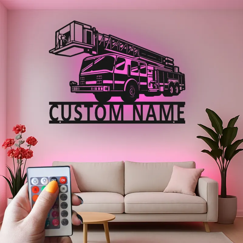 Panneau LED camion de pompiers personnalisé | Décoration murale en métal pour pompier | Décor de caserne | Cadeau pour premier intervenant
