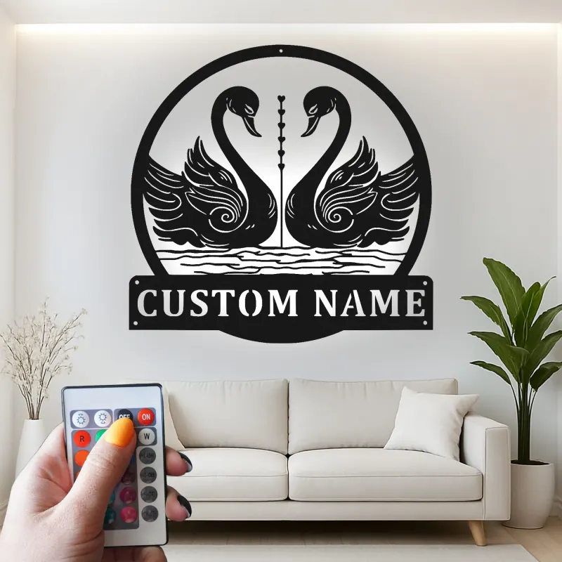 Cartel de metal personalizado con luz LED de pareja de cisnes, regalo romántico para parejas, decoración para dormitorio o salón