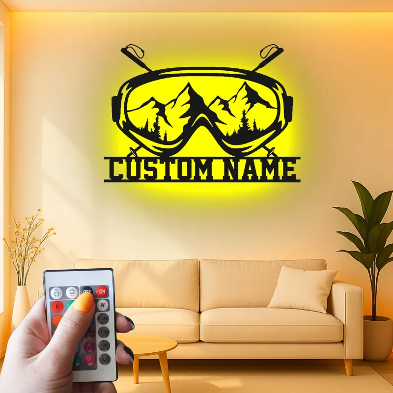 Personalisierte Ski-Goggle Metallkunst | Individuelles LED Bergschild | Winter-Sport Hütten-Dekoration | Geschenk für Skifahrer & Snowboarder