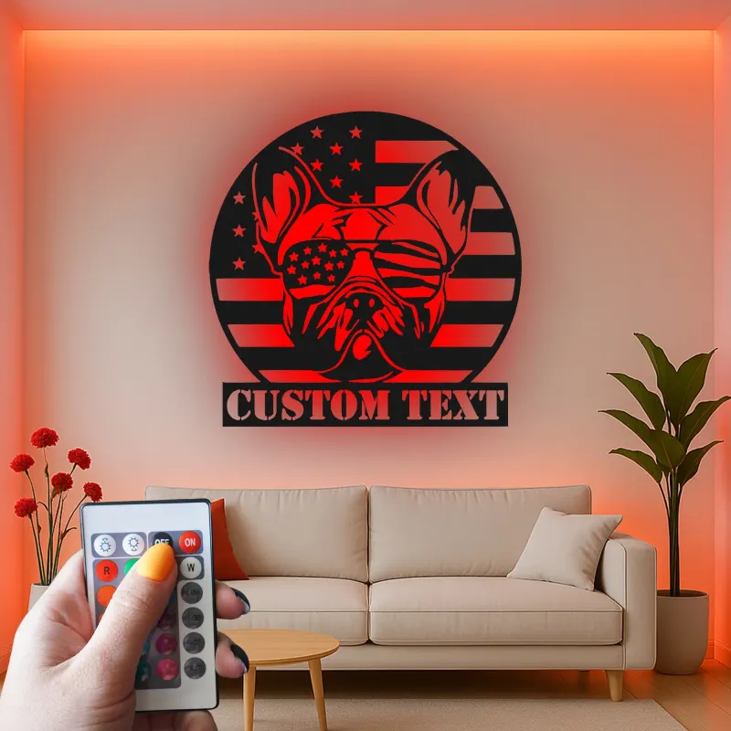 Décoration murale en métal personnalisée avec bulldog et drapeau américain éclairée LED - Cadeau patriotique pour les amoureux des chiens