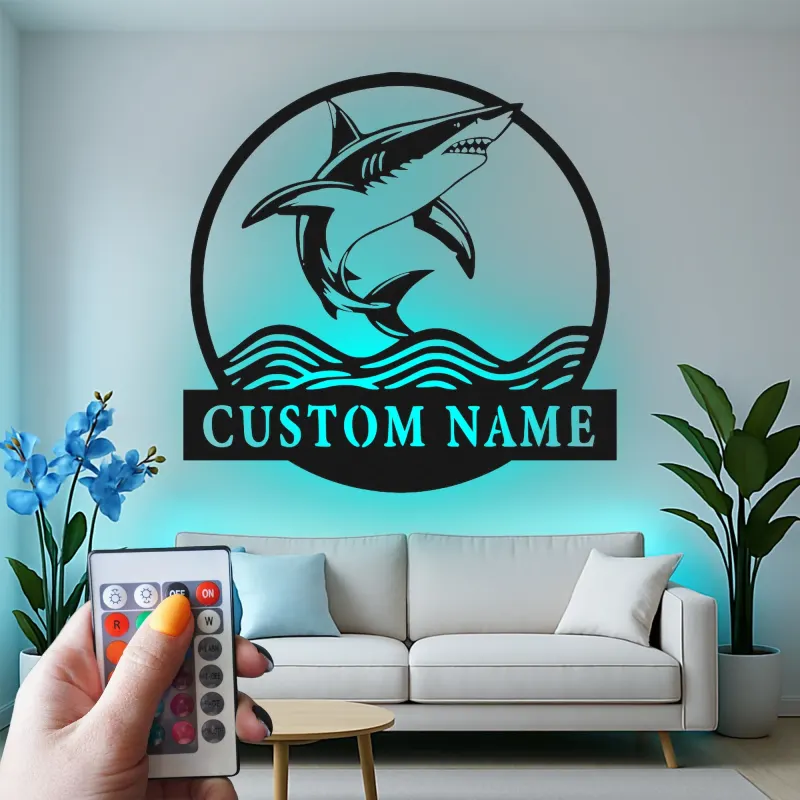 Enseigne en métal requin blanc personnalisée | Décoration murale LED prédateur des océans | Décor de maison de plage personnalisé pour passionnés de requins