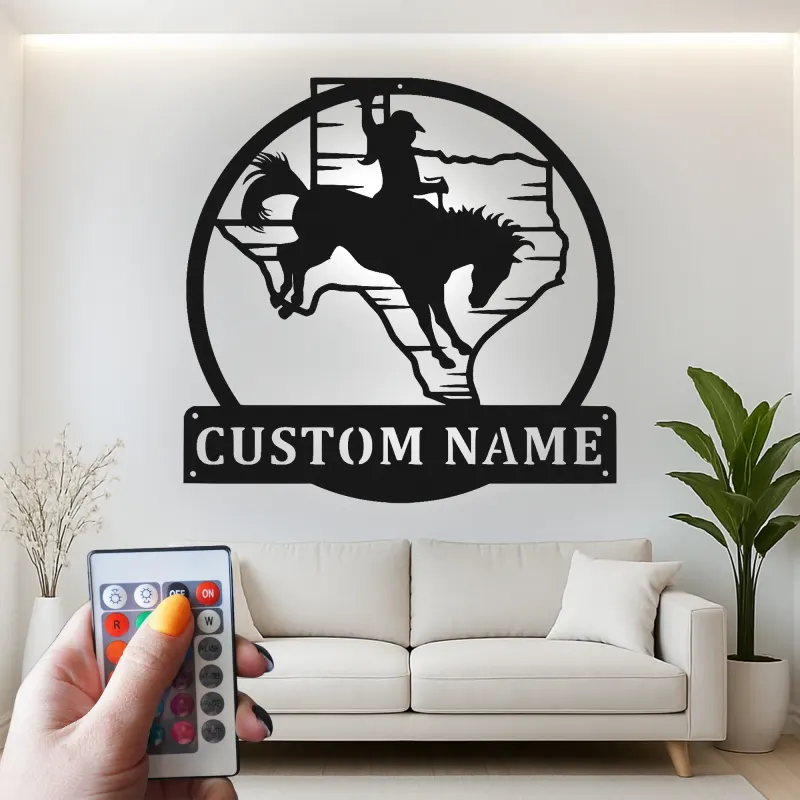 Panneau Métal Personnalisé Rodeo | Art Murale LED Cowboy du Texas | Décor Western Personnalisé pour Maison de Ranch ou Cadeau