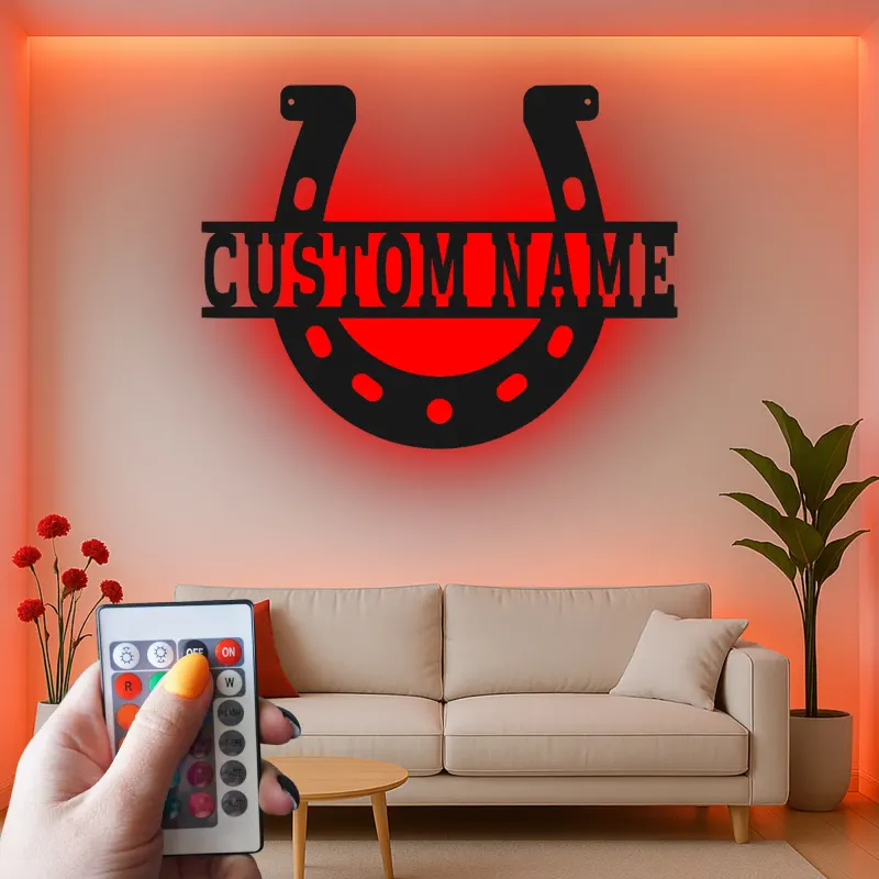 Panneau de Fer à Cheval Personnalisé | Art Métallique LED pour Grange & Ranch | Décor Équestre Personnalisé | Lumière Accent de Ferme Rustique
