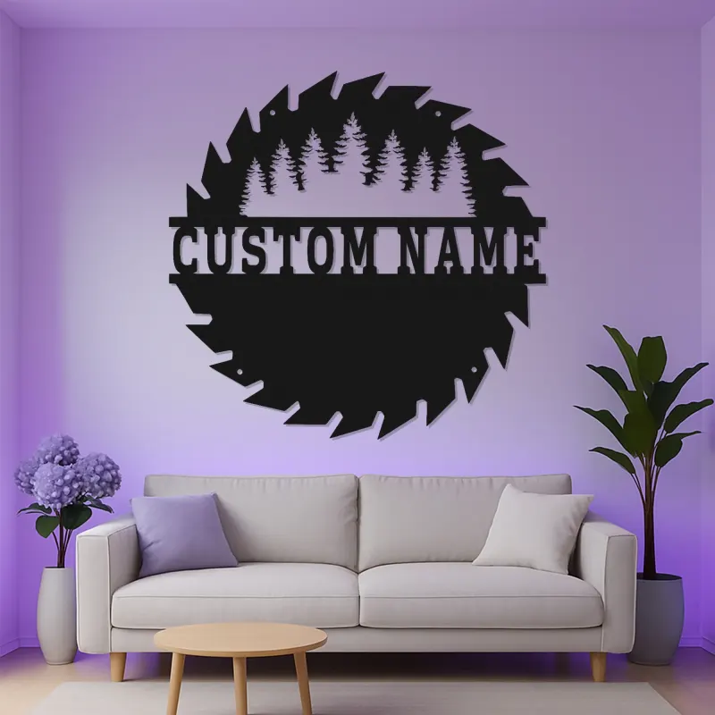 Enseigne en métal scie circulaire personnalisée | Décoration murale forêt de pins | Déco rustique pour chalet et cadeau d’atelier de menuisier | Compatible éclairage LED