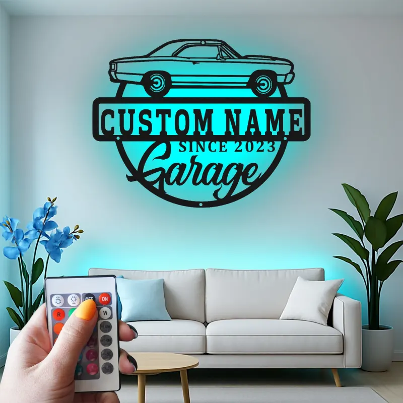 Insegna in metallo LED personalizzata per garage con auto muscolare regalo per appassionati di auto decorazione man cave 1