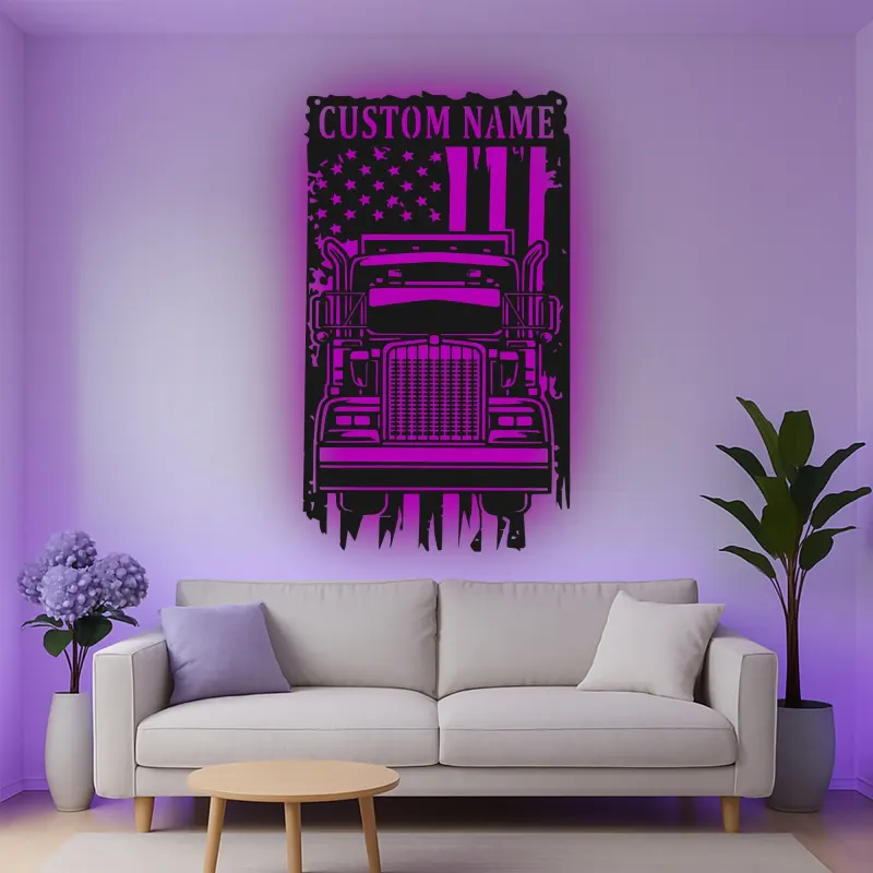 Décoration murale en métal LED personnalisée avec drapeau américain - Cadeau pour camionneurs, décoration de garage ou de coin masculin