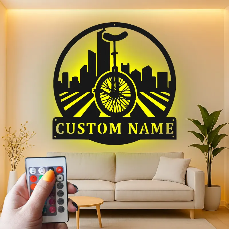 Custom Unicycle Cityscape Led Light Metal Wall Art Unique Gift for Cyclists Urban Decor for Living Room