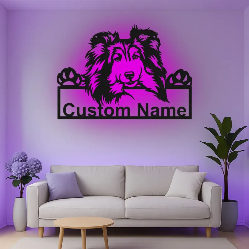 Décoration murale en métal personnalisée pour chien Shetland LED - Cadeau pour maman chien - Décor pour animaux de compagnie