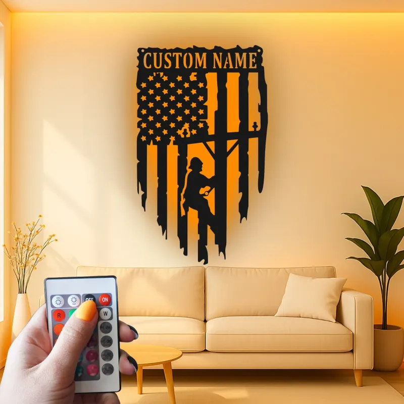 Bandera americana personalizada para liniero | Decoración mural de metal LED para electricistas | Regalo patriótico para trabajador de servicios públicos | Cartel con nombre personalizado