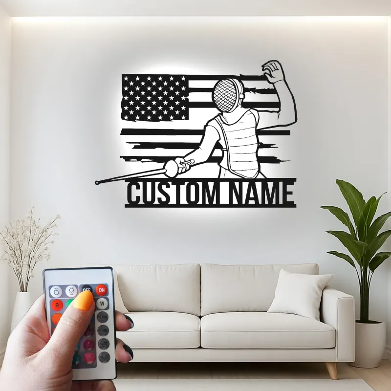 Personalized Fencing LED Sign | Custom Fencer Name Wall Art | USA Flag Metal Decor for Athlete Gift