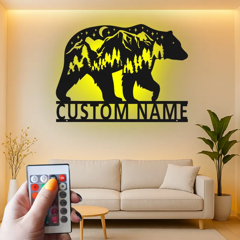 Décoration murale en métal personnalisée avec éclairage LED Forêt d'Ours Cadeau pour Amateurs de Nature Décor de Cabane ou Salon