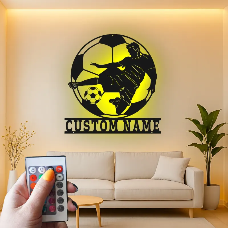 Cartel de Metal de Jugador de Fútbol Personalizado | Arte Mural LED Deportivo | Regalo con Nombre Personalizado para Atletas | Decoración de Habitación de Niños
