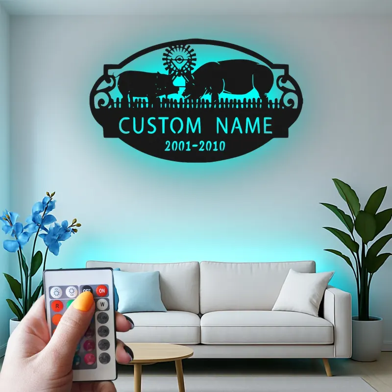 Custom Pig Family LED Sign | Personalized Metal Wall Art | Rustic Farmhouse Decor for Barn & Home | Farmer Gift