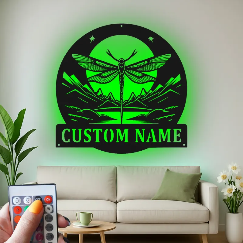 Custom Dragonfly Mountain Scene Led Light Metal Wall Art Personalized Nature Lover Gift Bedroom or Living Room Decor