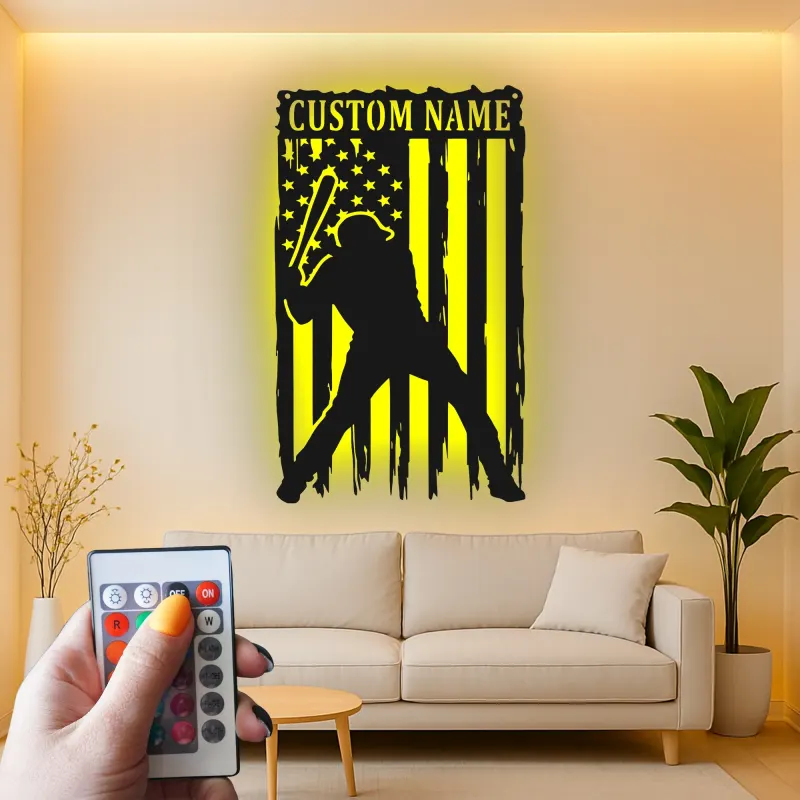 Décoration murale en métal personnalisée joueur de baseball avec rétroéclairage LED