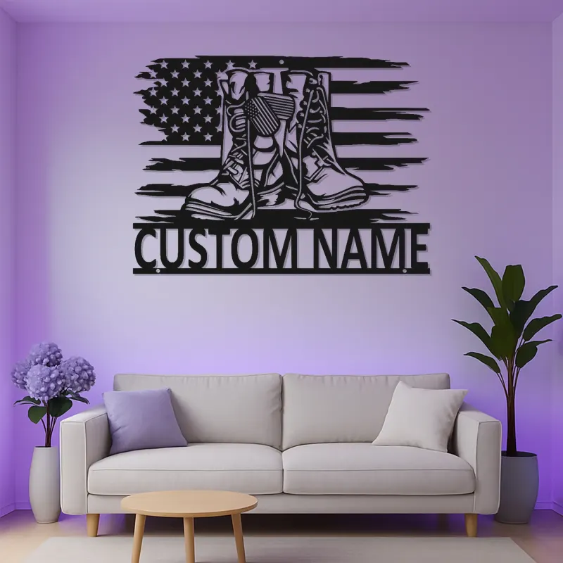 Insegna LED in Tributo ai Veterani Personalizzata | Insegna in Metallo Stivali da Combattimento | Decorazione Patriottica Bandiera Americana | Regalo Nome Soldato Personalizzato