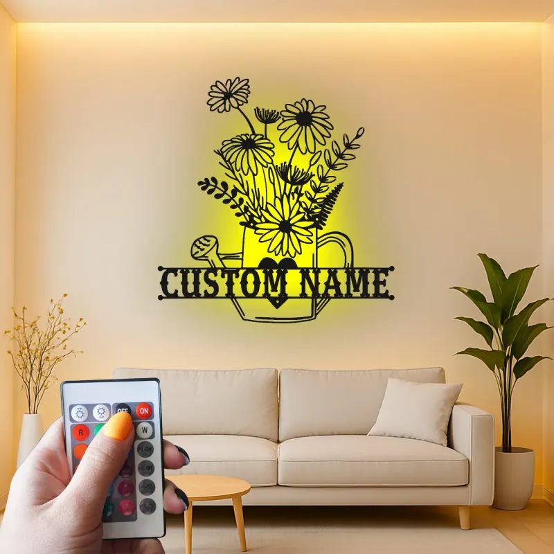 Insegna personalizzata con annaffiatoio | Decorazione murale in metallo LED | Arredo da giardino su misura | Regalo per giardiniere | Accento floreale boho