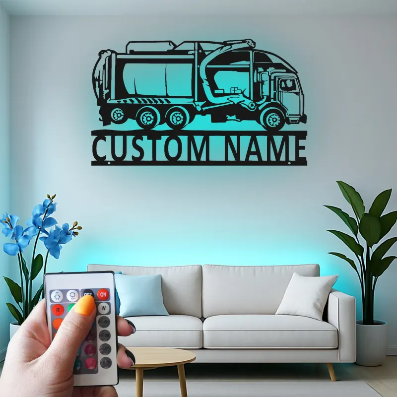 Insegna LED in metallo personalizzata con camion della spazzatura | Arte murale con nome su misura | Regalo per operatore ecologico | Arredo per gestione rifiuti