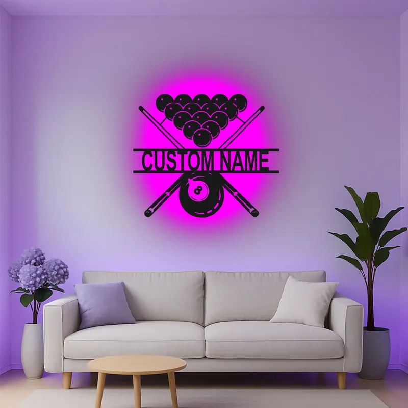 Décoration murale en métal personnalisée avec rétroéclairage pour billard - Cadeau pour joueurs de billard