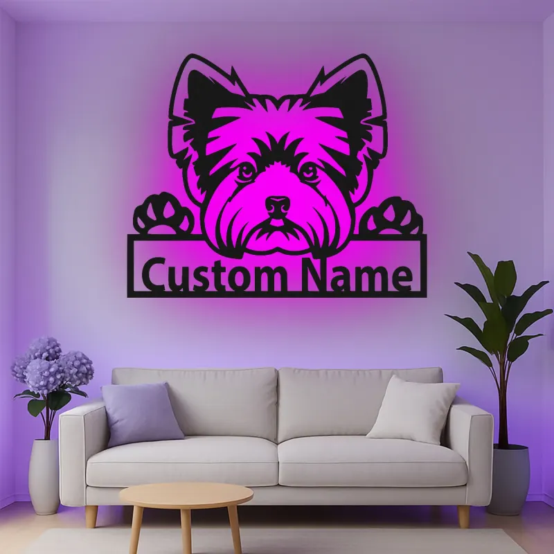 Cartel de metal LED personalizado de Yorkie, regalo para amantes de los perros, decoración para la sala de estar 1