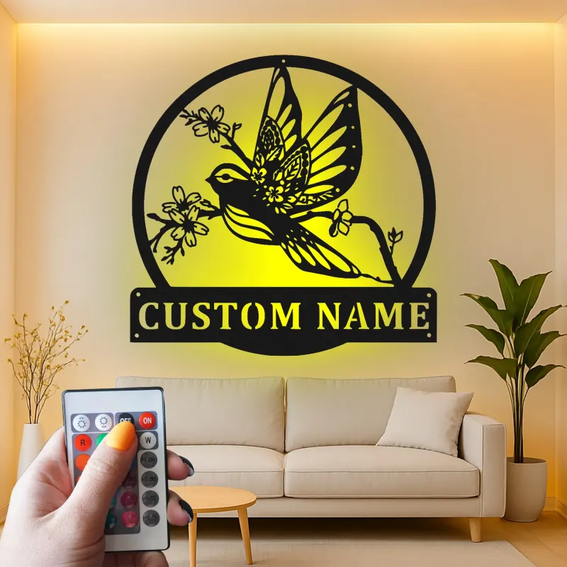 Insegna in metallo personalizzata con uccello e fiori e luce LED regalo per amanti della natura decorazione per camera da letto o soggiorno