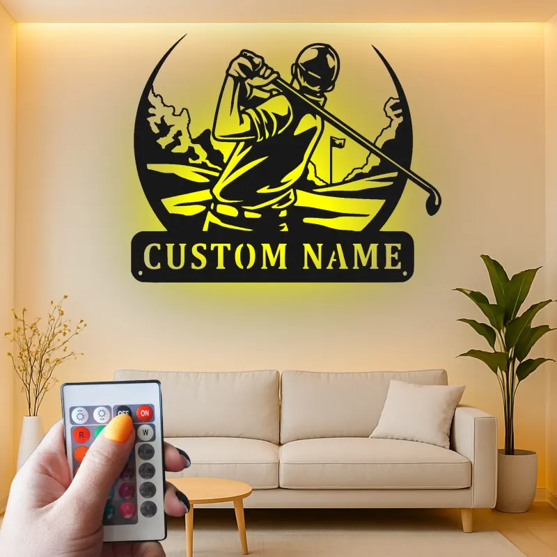 Insegna in metallo personalizzata per golfista con LED | Decorazione murale golf su misura | Arredo per man cave e regalo originale per amanti del golf