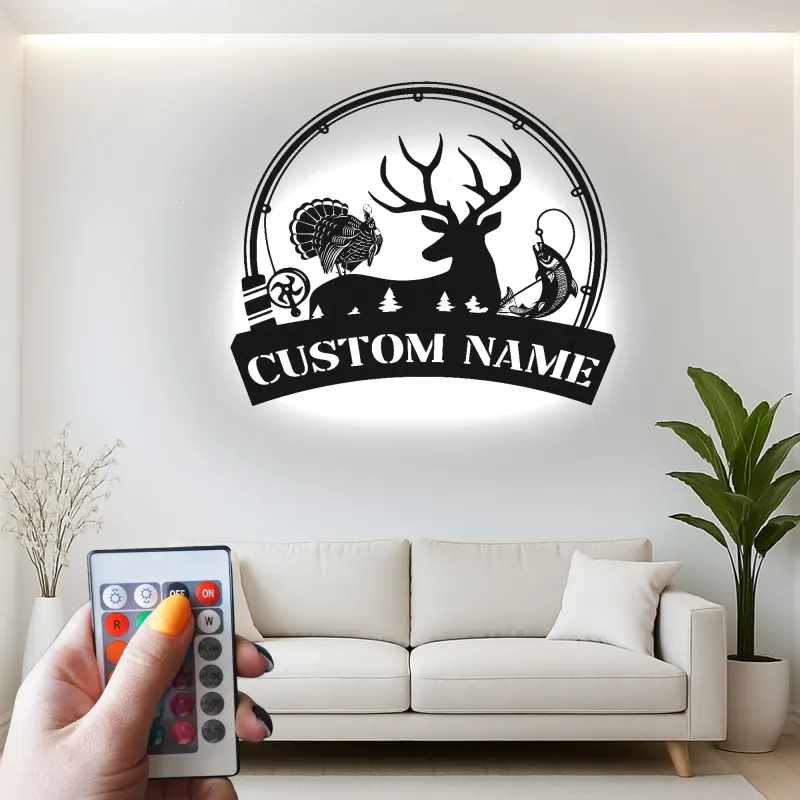 Insegna in metallo LED personalizzata per caccia e pesca, regalo per amanti dell'outdoor, decorazione per baita o man cave