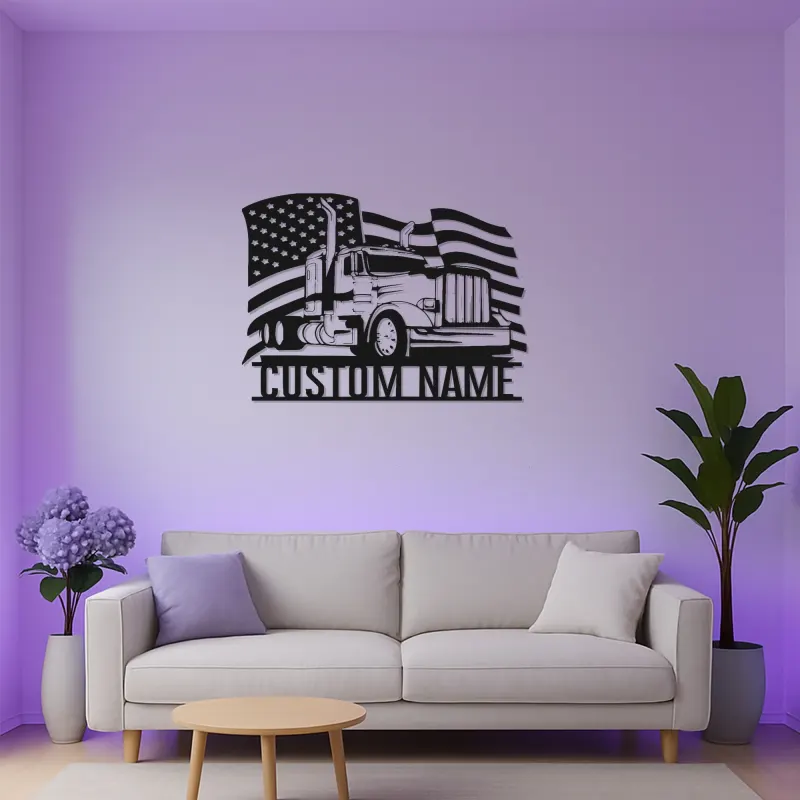 Panneau Trucker Personnalisé | Art Murale Métal Drapeau Américain LED | Cadeau Personnalisé pour Conducteur de Camion Semi | Décor Man Cave