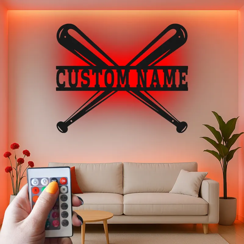 Insegna in metallo personalizzata con luce LED per mazze da baseball, regalo sportivo personalizzato per fan del baseball, decorazione per sala giochi