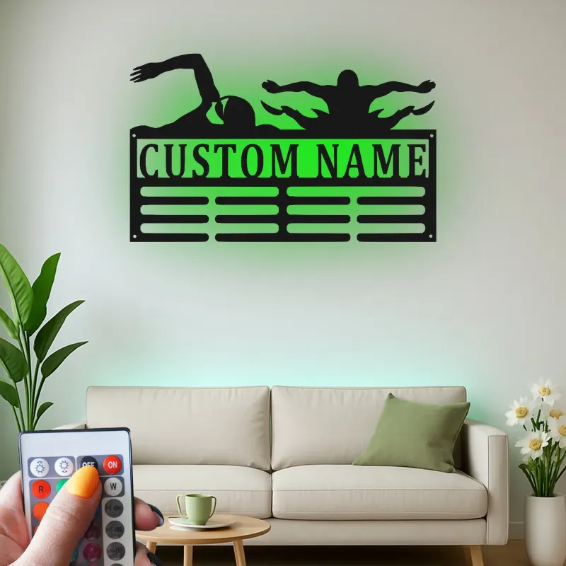 Décoration murale en métal personnalisée Nageur avec Rétroéclairage Cadeau pour Athlètes Décoration de Salle de Sport