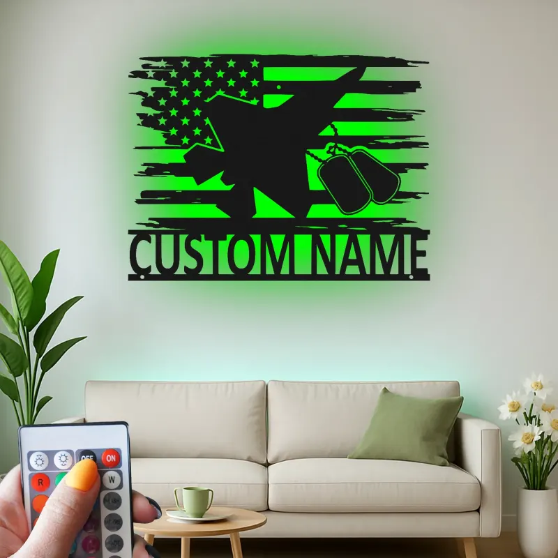 Insegna in metallo personalizzata per jet militare | Arte murale LED personalizzata | Regalo patriottico per veterani e decorazione con bandiera americana
