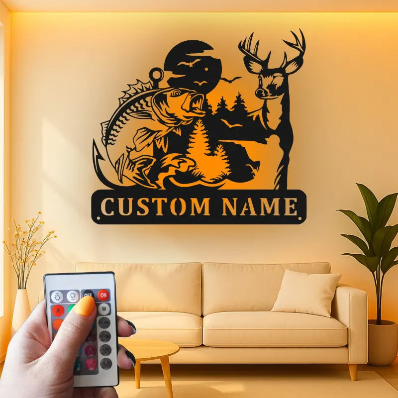 Cartel de metal LED personalizado de ciervo y pesca de lubina regalo para amantes del aire libre decoración de cabaña