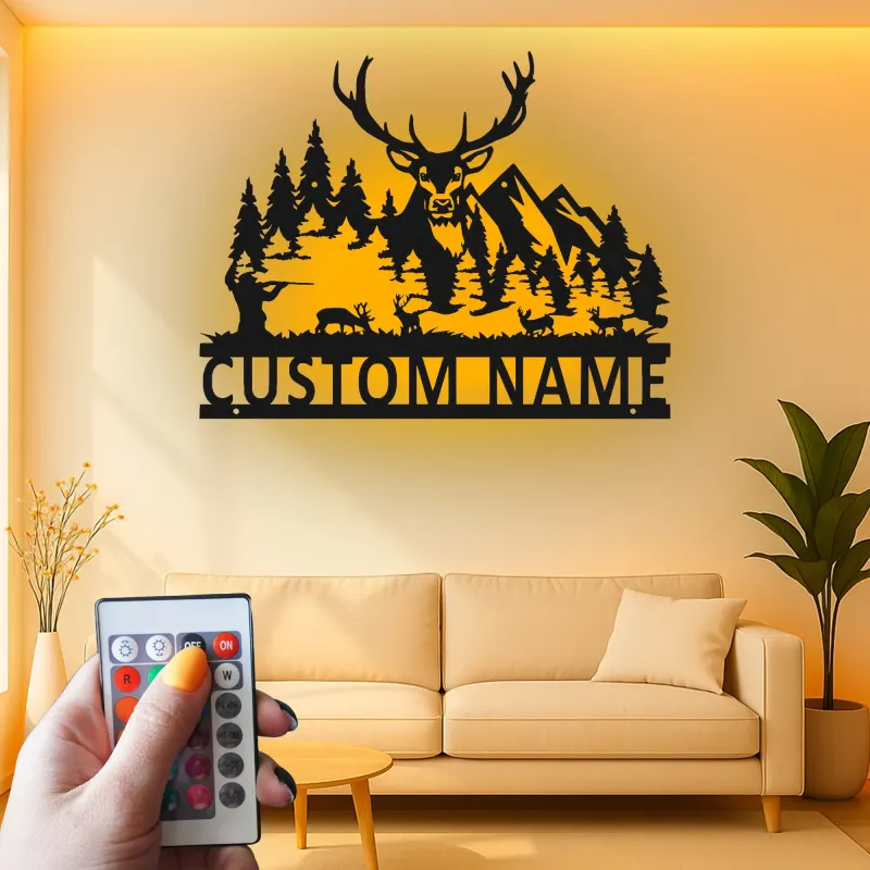 Custom Deer Hunter Led Light Metal Wall Art Personalized Gift for Hunters Rustic Cabin Decor 1
