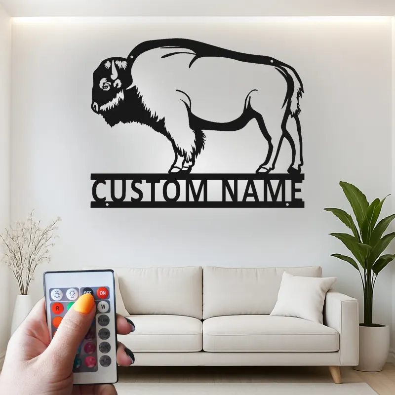 Custom Bison Led Light Metal Wall Art Personalized Wildlife Gift for Nature Lovers Rustic Home Decor