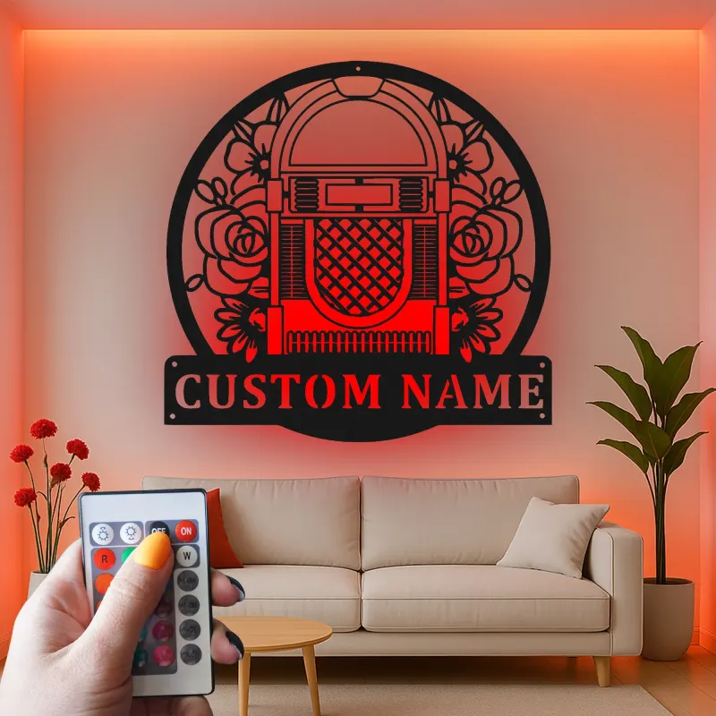 Insegna LED Jukebox Personalizzata | Insegna in Metallo Floreale Retro per Home Bar | Regalo per Amanti della Musica