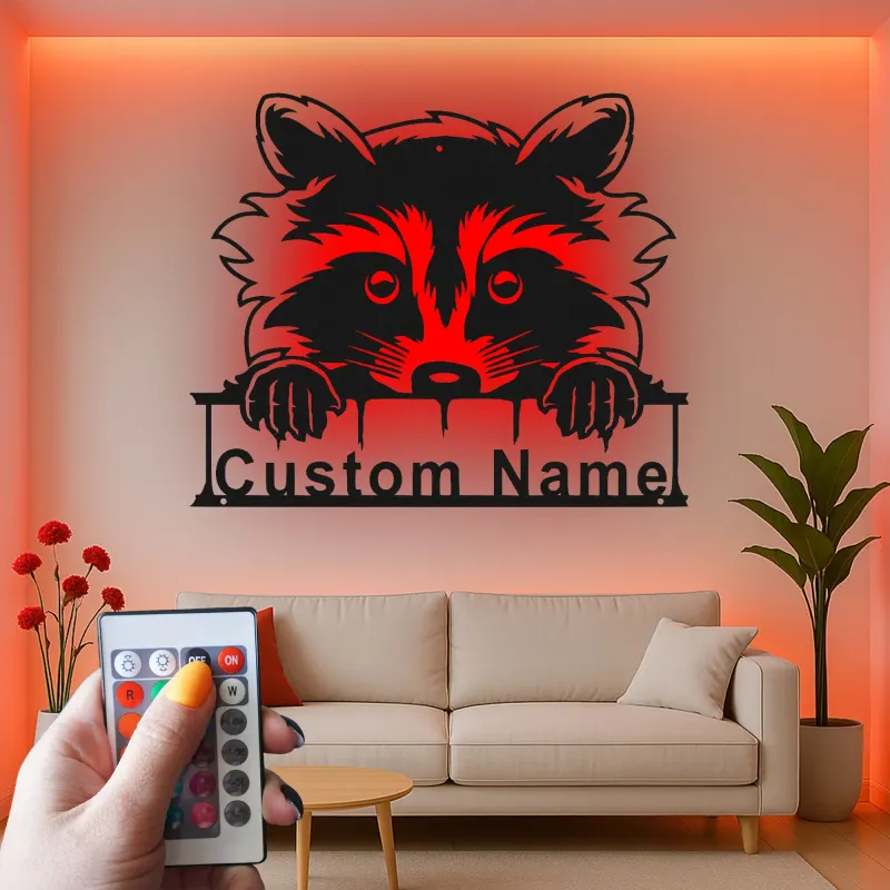 Panneau Métallique Raton Laveur Personnalisé | Plaque de Nom Rétroéclairée pour Nursery | Décor de Chambre d'Enfant Animaux de la Forêt
