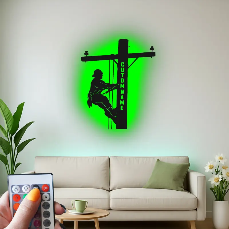 Lineman LED Metall-Wandkunst | Personalisierte Elektriker Geschenk | Individuelles Utility Worker Silhouette Schild mit RGB-Lichtern
