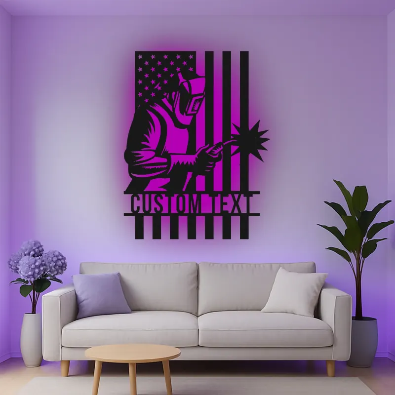 Insegna in metallo personalizzata con saldatore e bandiera americana retroilluminata, regalo personalizzato per decorare officine di saldatori