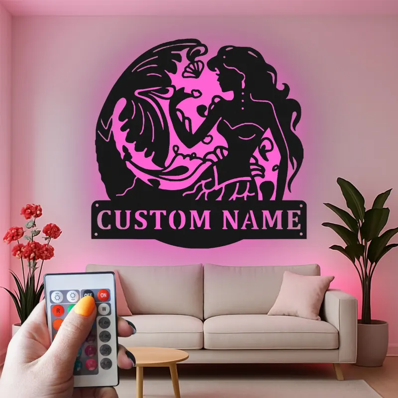 Insegna LED Personalizzata Sirena | Insegna in Metallo Personalizzata | Decorazione Nautica per Casa al Mare o Salone | Accento Costiero con Onda Oceanica