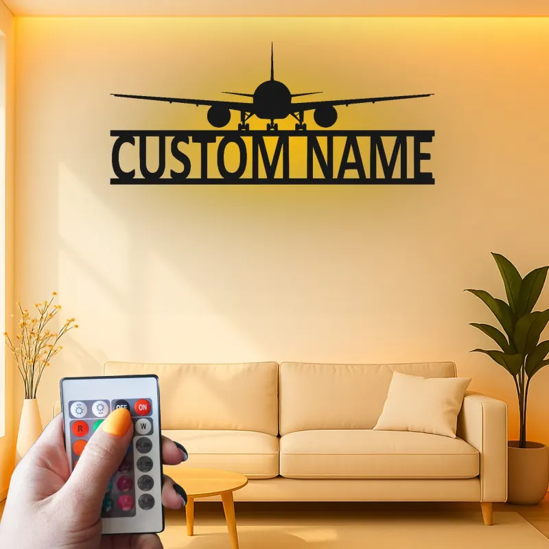 Décoration murale en métal personnalisée avec lumière LED d'avion - Cadeau d'aviation pour pilotes, décoration de hangar ou de bureau