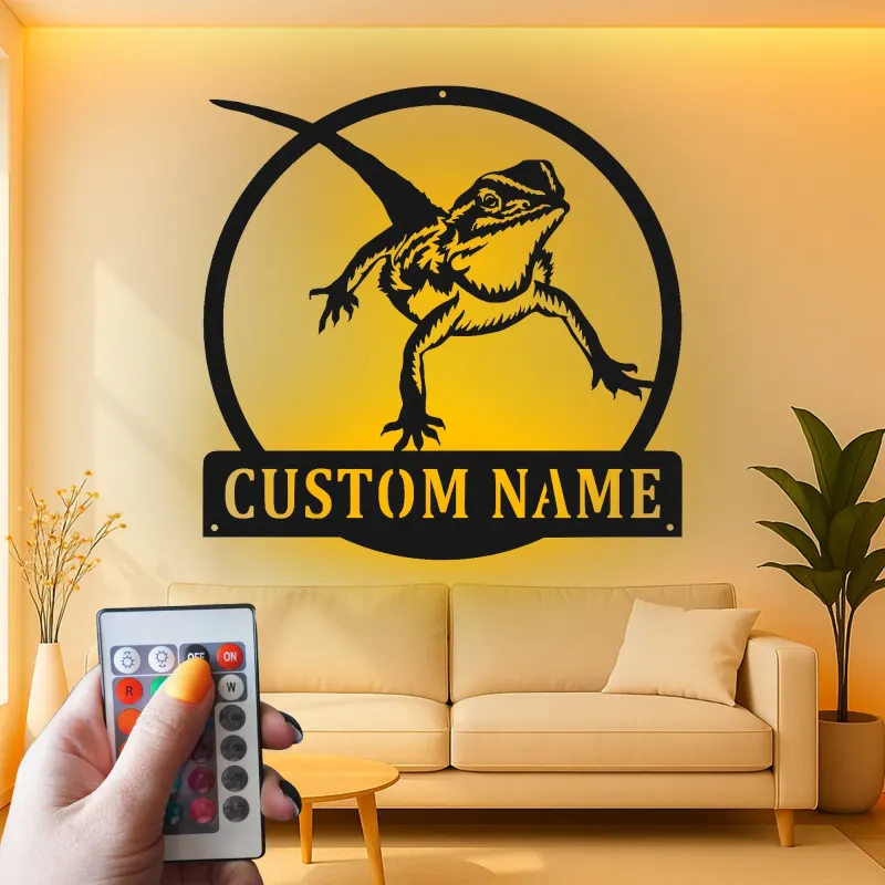 Personalisierte Bartagame LED Metall-Schild | Personalisierte Reptil-Silhouette Dekor | Beleuchtete Echsen-Wandkunst Geschenk