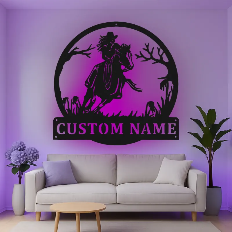 Custom Cowboy Riding Horse Led Light Metal Wall Art Western Gift for Horse Lovers Rustic Home Decor