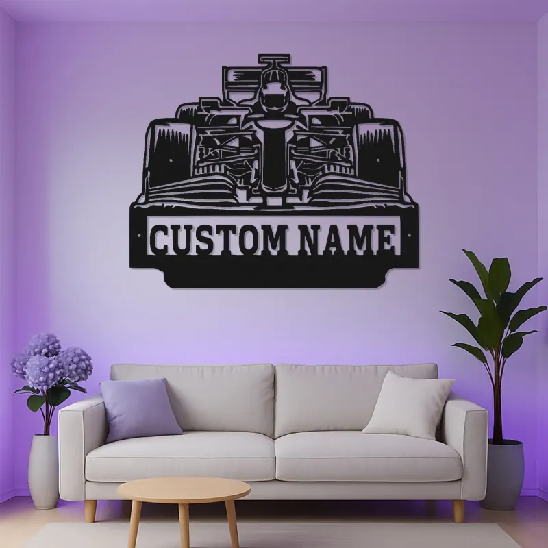 Arte murale in metallo per auto F1 personalizzata con luce LED | Regalo personalizzato per appassionati di motorsport | Arredo garage e man cave