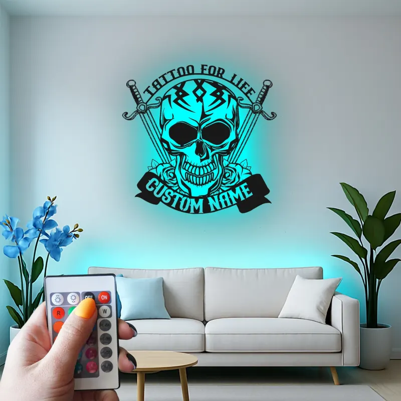 Personalized Skull & Swords LED Sign | Custom Tattoo Metal Wall Art | Gothic Home & Studio Decor | Unique Backlit Name Plaque