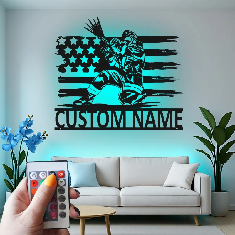 Panneau LED personnalisé pour pompier | Décoration murale en métal personnalisée avec drapeau américain | Cadeau patriotique pour pompier | Décor de caserne