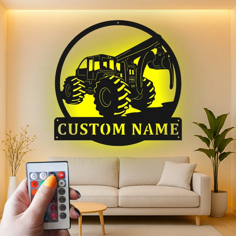 Cartel de metal personalizado para skidder | Arte mural de metal LED para cabaña | Regalo personalizado para leñadores y decoración forestal
