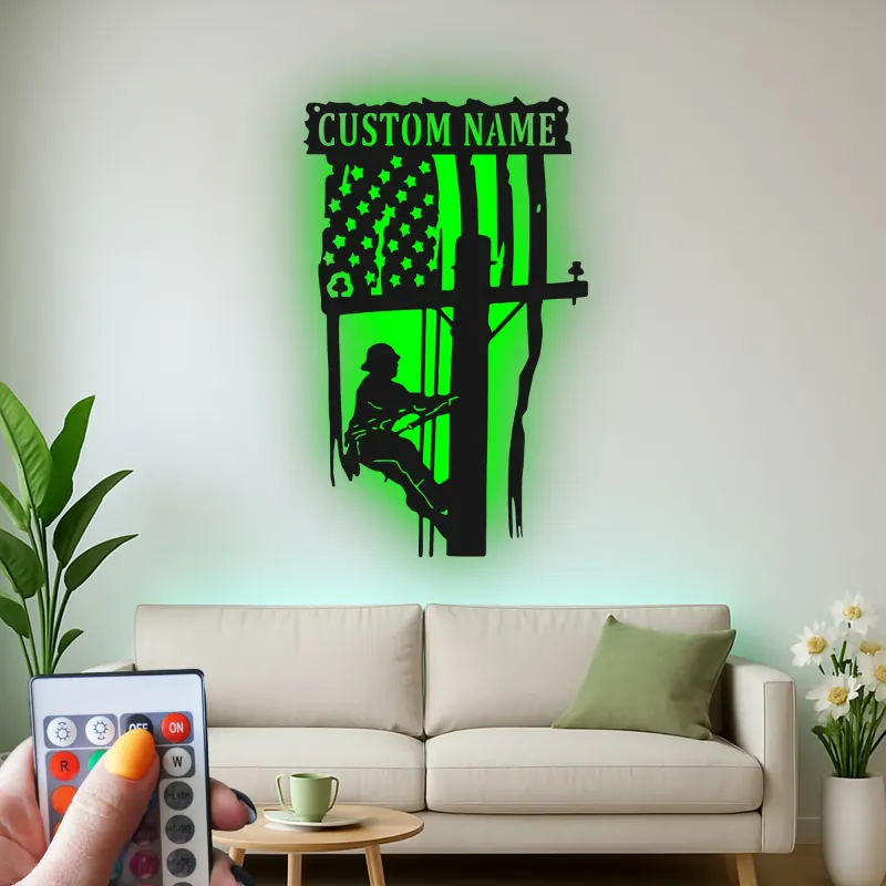 Custom Lineman Metal Sign | Personalized American Flag LED Art | Patriotic Electrician Gift | Utility Worker Wall Decor