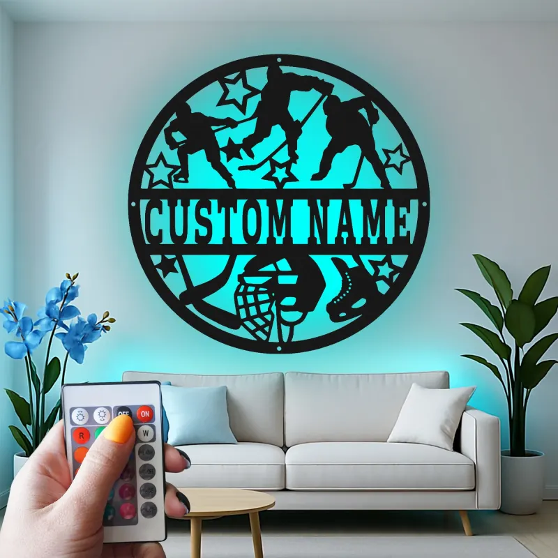 Decoración mural LED de hockey personalizada | Cartel de metal con nombre personalizado | Regalo para jugador de hockey | Decoración para habitación infantil y cueva masculina