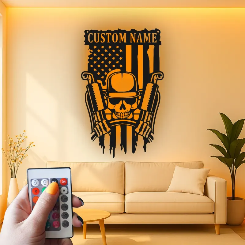 Cartel de Metal LED Personalizado con Calavera y Armas | Arte Mural Patriótico de la Bandera Americana | Regalo Personalizado para Veteranos Militares para Cueva de Hombre o Garaje
