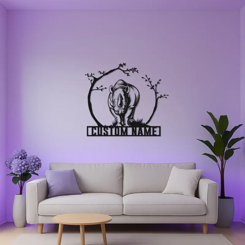 Rhinoceros LED Metal Wall Art | Custom Name Safari Sign | Modern Wildlife Decor for Home & Office